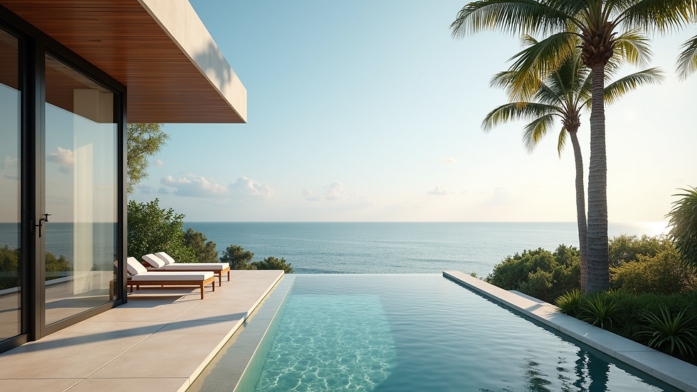 Eye-level view of a luxury villa terrace overlooking a serene ocean