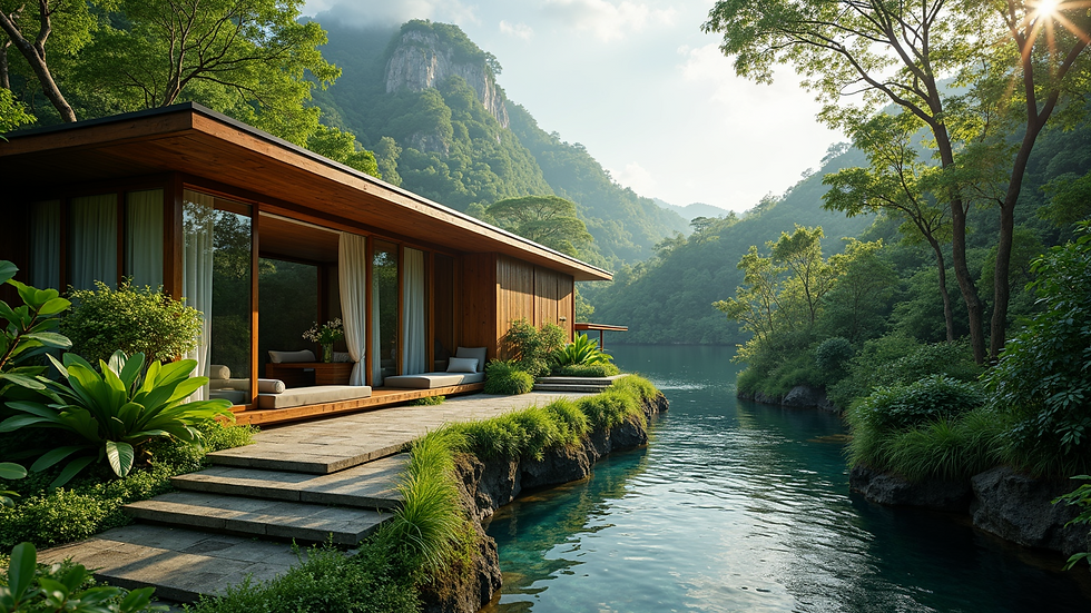 Wide angle view of a luxury eco-resort nestled in a green forest