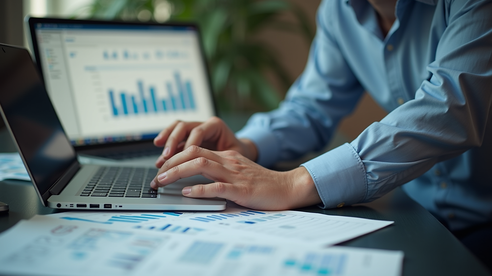 Eye-level view of a business owner reviewing financial charts on a laptop
