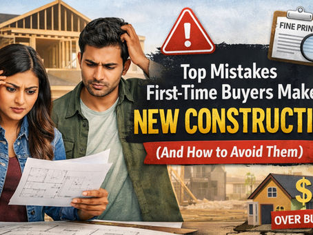Blog banner showing a worried first-time buyer couple reviewing house plans in front of a new construction site, with the headline ‘Top Mistakes First-Time Buyers Make in New Construction (And How to Avoid Them)’ and icons for warning signs, fine print, and going over budget.