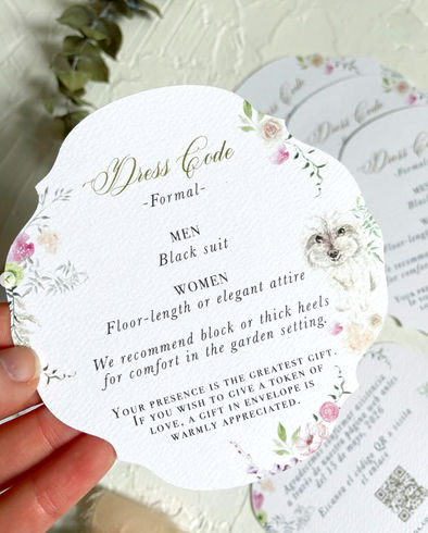 Tarjeta de dress code para boda con perro ilustrado en acuarela