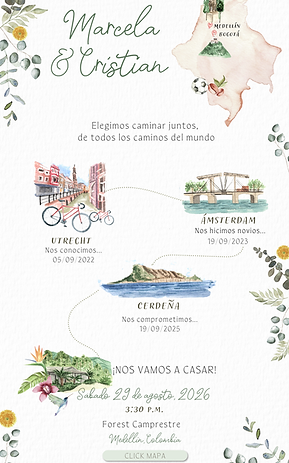 Invitación de boda personalizada ilustrada en acuarela que cuenta la historia de una pareja