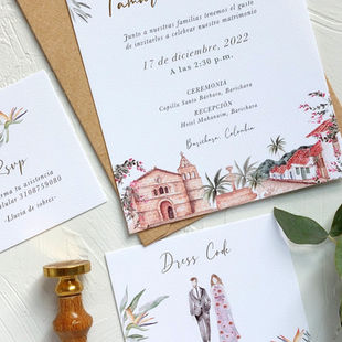 Invitaciones de boda con ilustraciones de acuarela Barichara