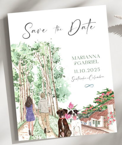 Save the Date de boda con novios y dos perros ilustrados en acuarela en Barichara