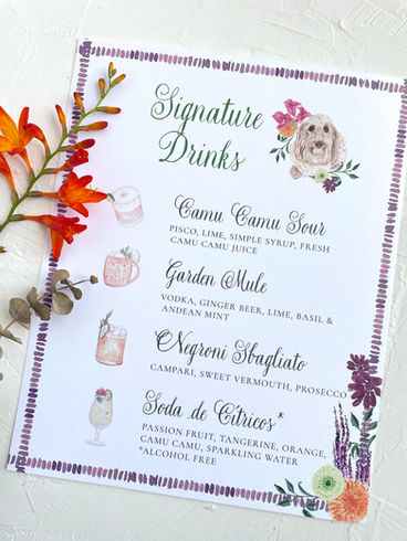 Menú de cóctel de boda con mascota ilustrada en acuarela