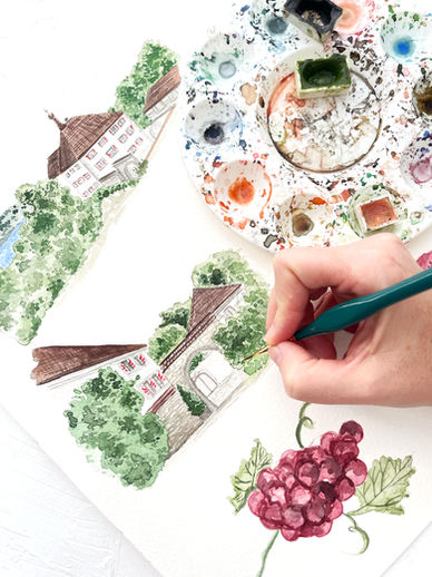 Artista pintando a mano una ilustración en acuarela para una invitación de boda