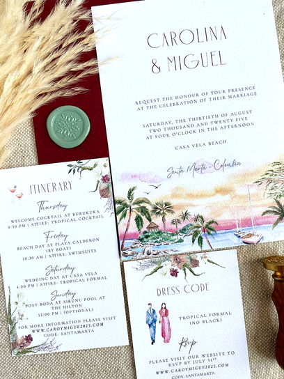 Invitación de boda en la playa en acuarela inspirada en Santa Marta