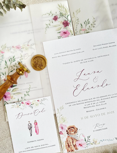 Invitación de matrimonio con perro y orquídeas ilustrados en acuarela
