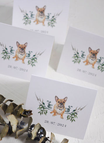 Marcapuestos de boda con perro ilustrado en acuarela y nombre del invitado