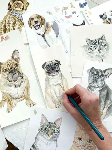 Ilustraciones de mascotas en acuarela para invitaciones de boda, matrimonio.