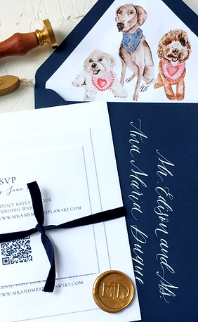 Invitación de boda personalizada con ilustraciones de mascotas en acuarela