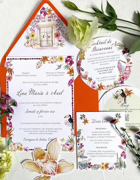 Invitación de boda en acuarela para una destination wedding en Cartagena