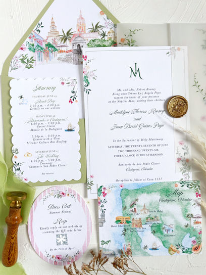 Invitación de boda en acuarela inspirada en Cartagena, Colombia