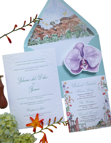 Ilustración en acuarela del Orquideorama de Medellín para una invitación de boda