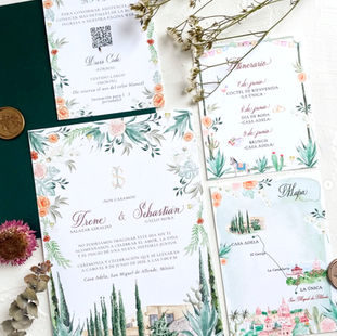 Invitación de boda ilustrada en acuarela, San miguel de Allende