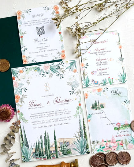 Invitación de boda en acuarela inspirada en San Miguel de Allende, México