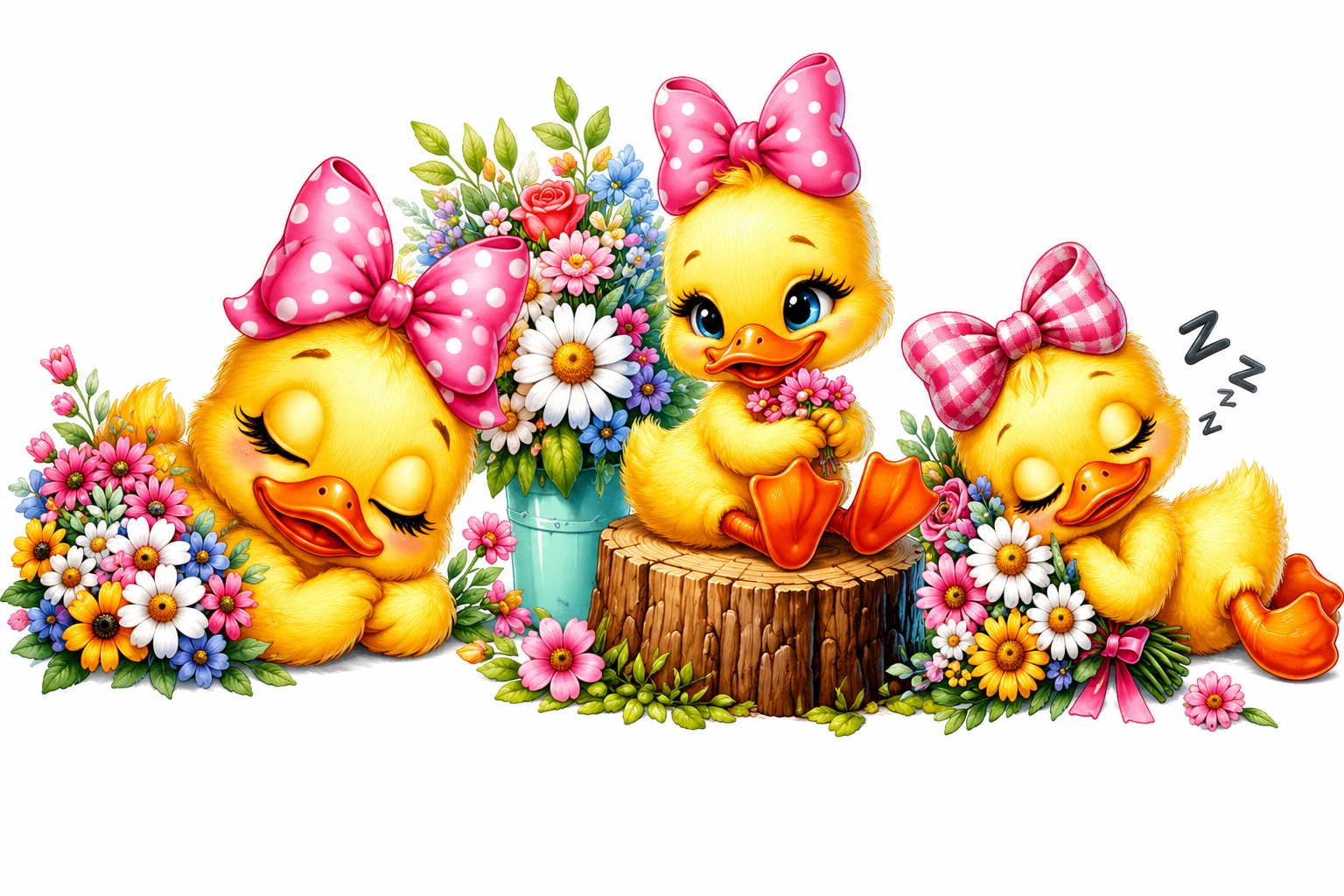 Adorable ducklings among blooming flowers