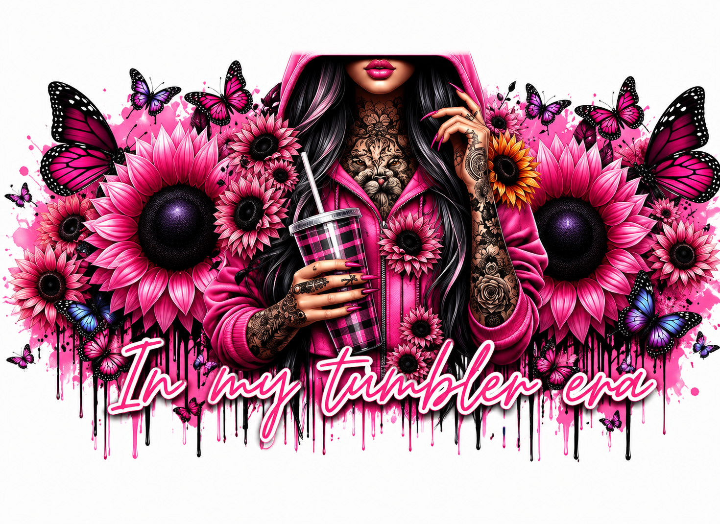Pink Hoodie and Butterfly Bloom/ Tattoo Girl