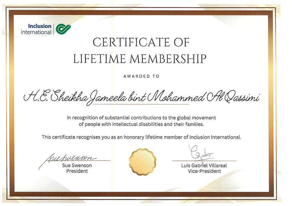 Honorary Lifetime Membership certificate awarded to Sheikha Jameela bint Mohammed Al Qasimi by Inclusion International (Photo: AETOSWire)