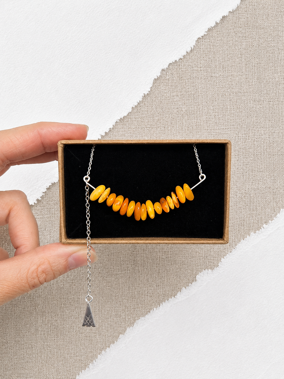 Thumbnail: Yellow Amber Necklace with Silver Tassel — Austras Koks