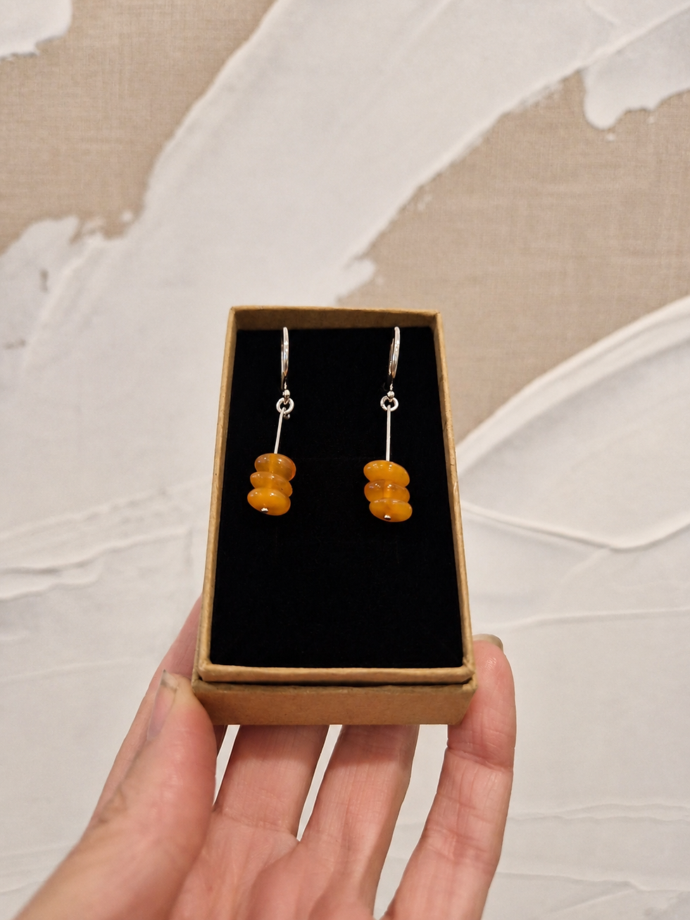 Thumbnail: Sterling Silver Three Amber Bead Drop Earrings