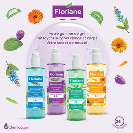Floriane produits nettoyants pour visage et corps, affichage des quatre produits.