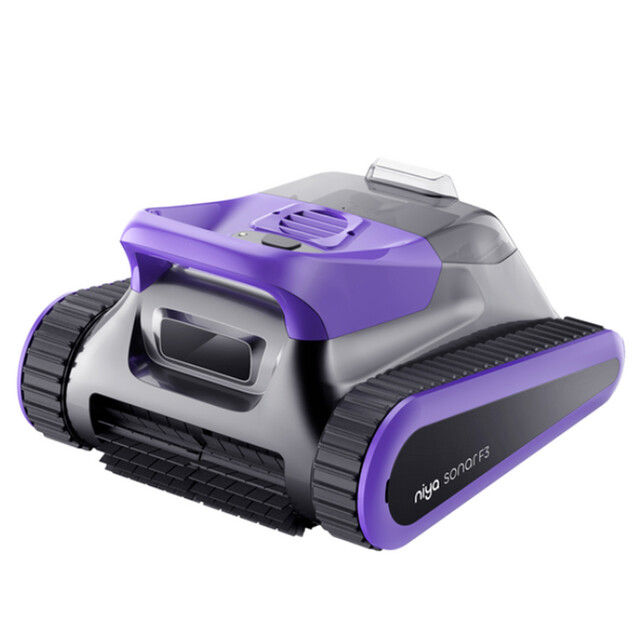 Robot nettoyeur de piscine rga serenity violet et gris avec chenilles.