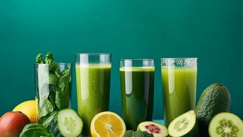wellness shots with fruits and vegetables on green background