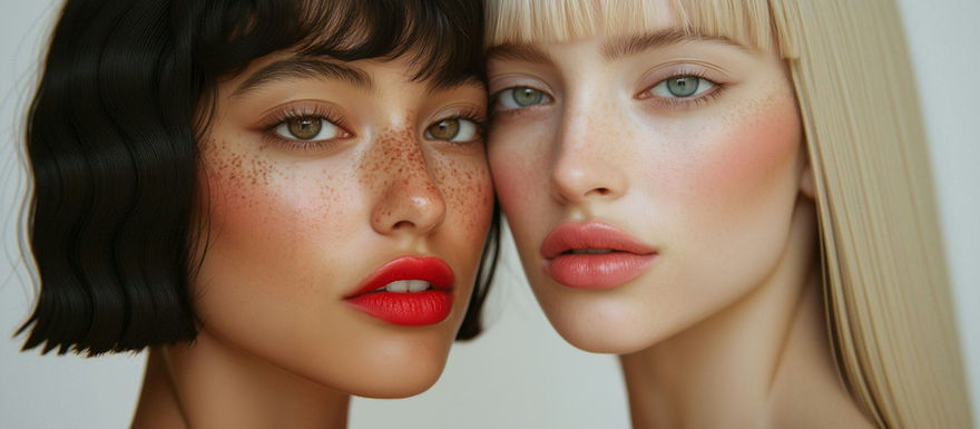 Close-up of two women with contrasting features—freckled skin and bold red lips next to fair skin and soft pink lips. Stunning portrait.