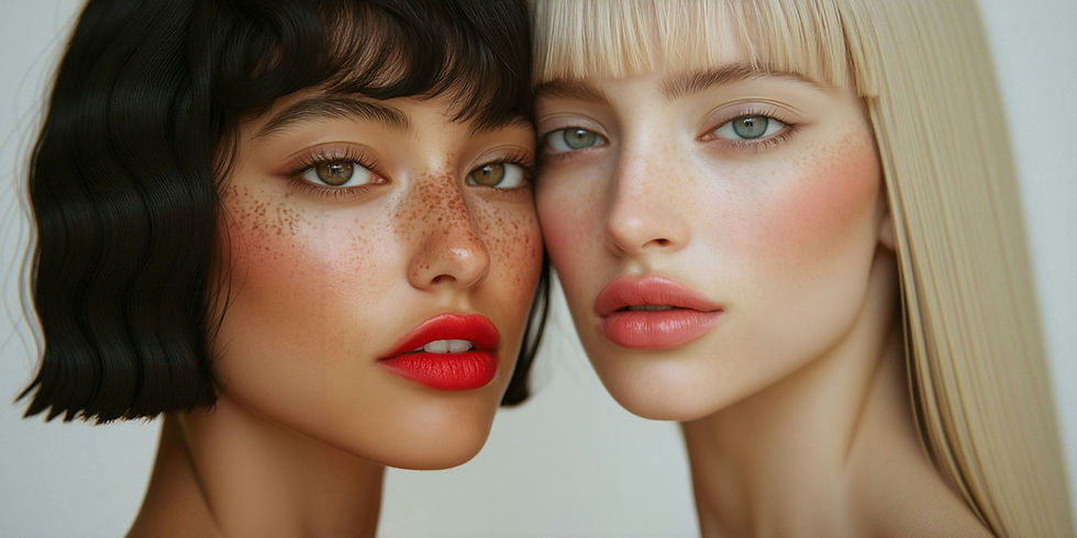 Close-up of two women with contrasting features—freckled skin and bold red lips next to fair skin and soft pink lips. Stunning portrait.
