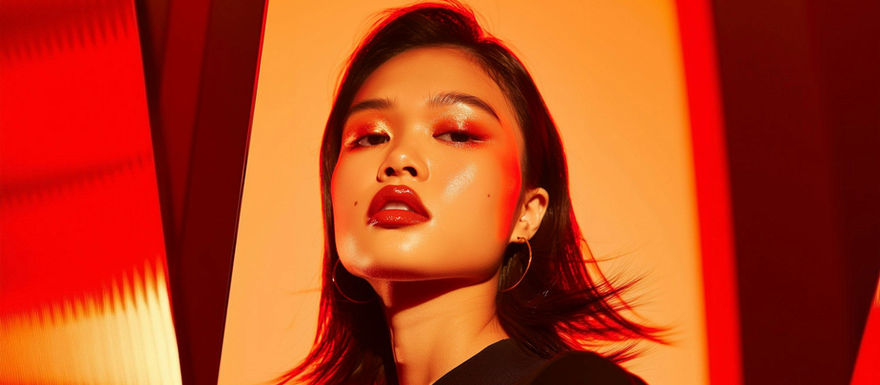 Close-up of a woman with bold red lips, shimmering orange-gold eyeshadow, and glowing skin against a vibrant orange background.