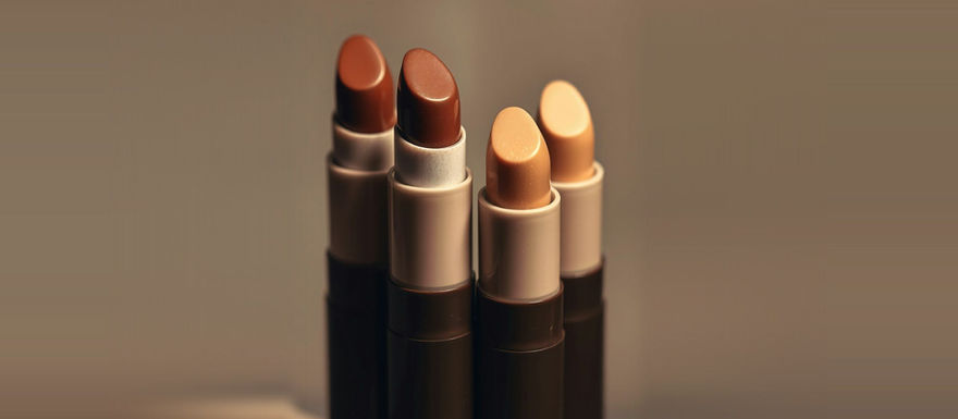Four lipsticks in earthy tones, ranging from deep brown to light beige, arranged in sleek tubes against a warm background.