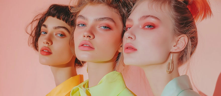 Three stylish women with bold makeup and pastel outfits pose against a pink background, showcasing vibrant fashion and beauty trends.
