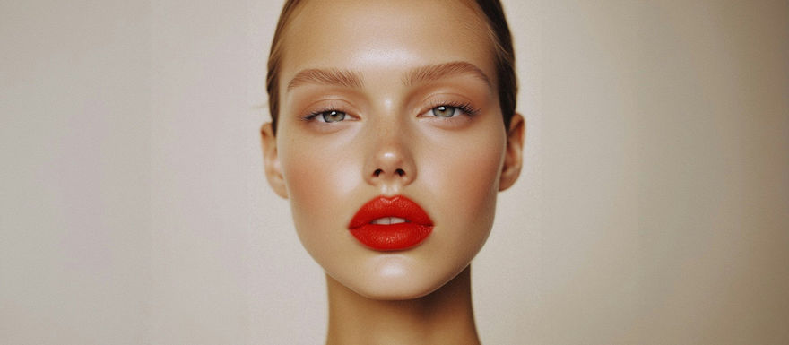 Close-up portrait of a woman with bold red lips, light green eyes, and flawless skin, set against a neutral background.