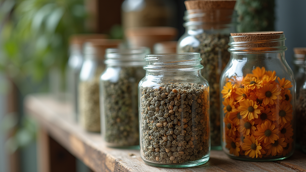 High angle view of dried herbs and flowers in glass jars