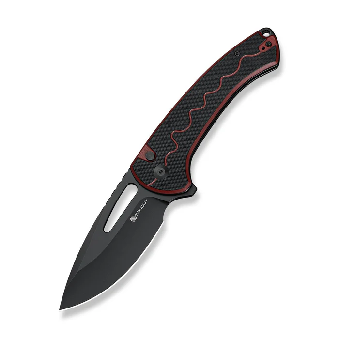 SENCUT Squiggy Flipper & Thumb Hole & Button … Burgundy / Black G10 Handle