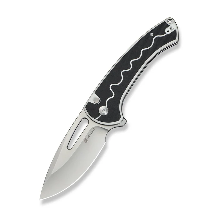 SENCUT Squiggy Flipper & Thumb Hole & Button Lock Knife White / Black G10 Handle