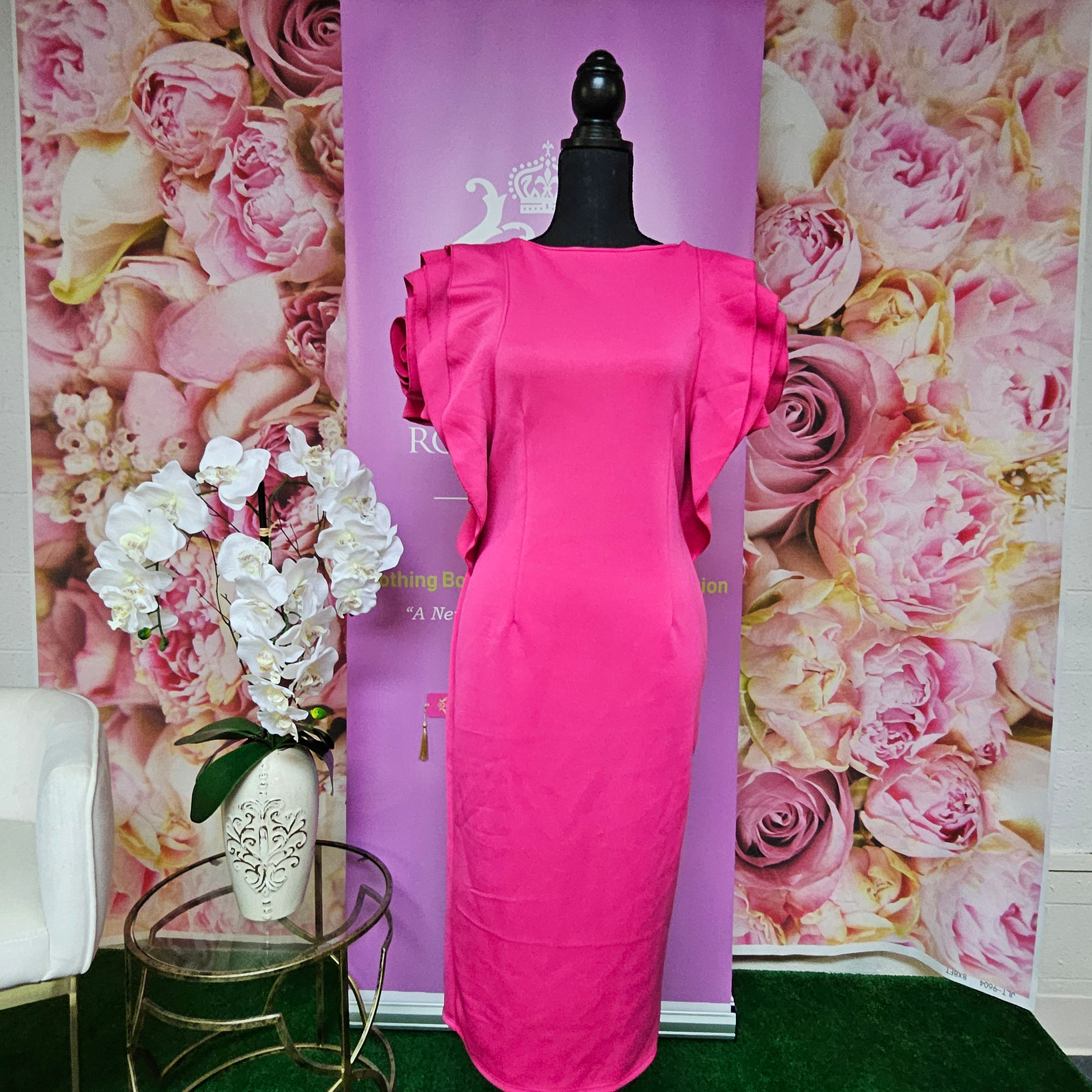 In Full Bloom Red Midi Dress with Rose-Puffed Sleeves