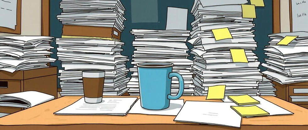 A cartoon teachers desk covered in papers to be marked.