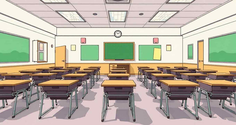 A cartoon picture of an empty classroom