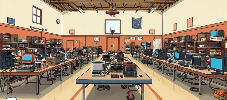 A cartoon gym setup to host a hackathon