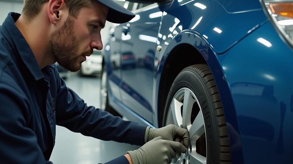 close-up view of a mechanic checking car tire pressure