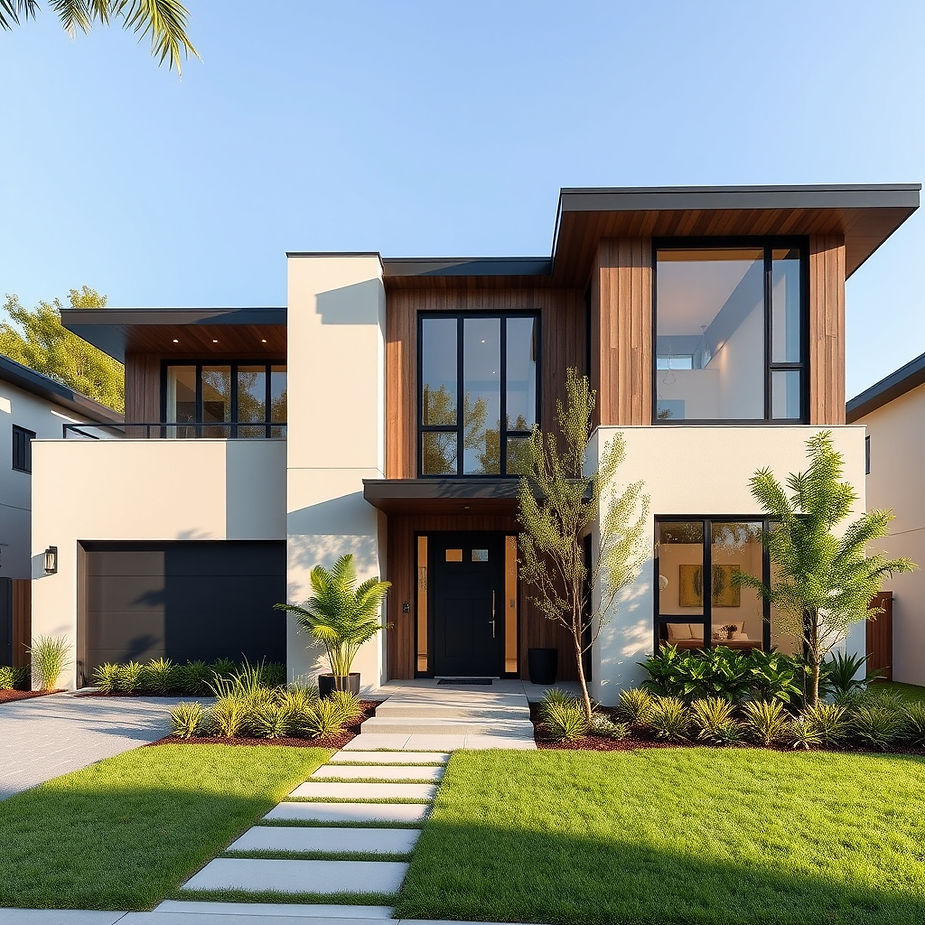Modern two-story house with large windows, wood accents, and a black garage. Lush green lawn and plants in front. Clear blue sky.