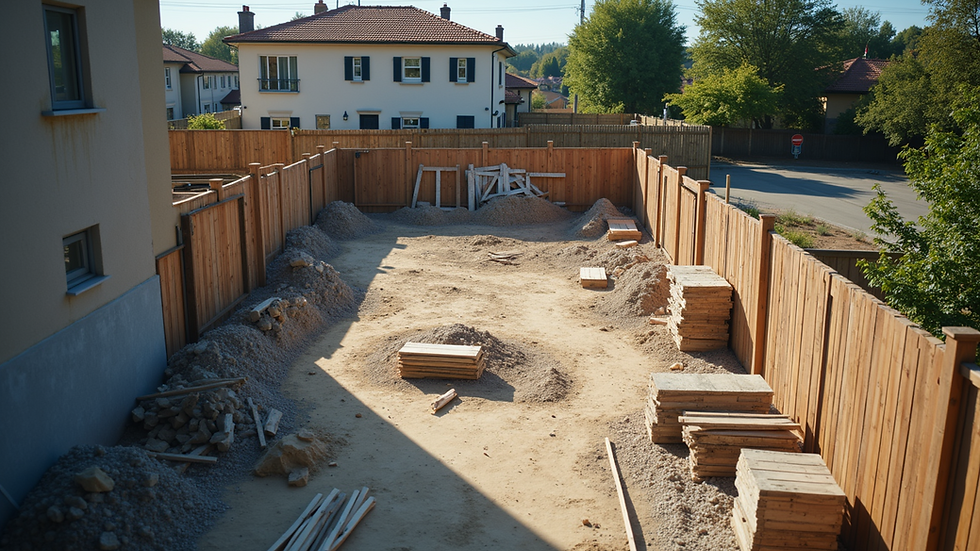 High angle view of a residential building site with various construction materials