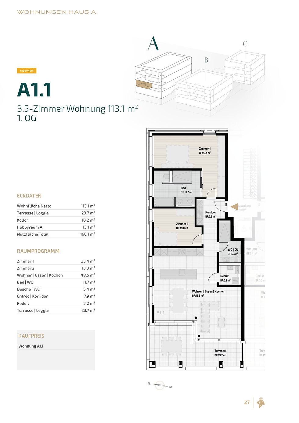 Grundriss und Kennzahlen von A 1.1