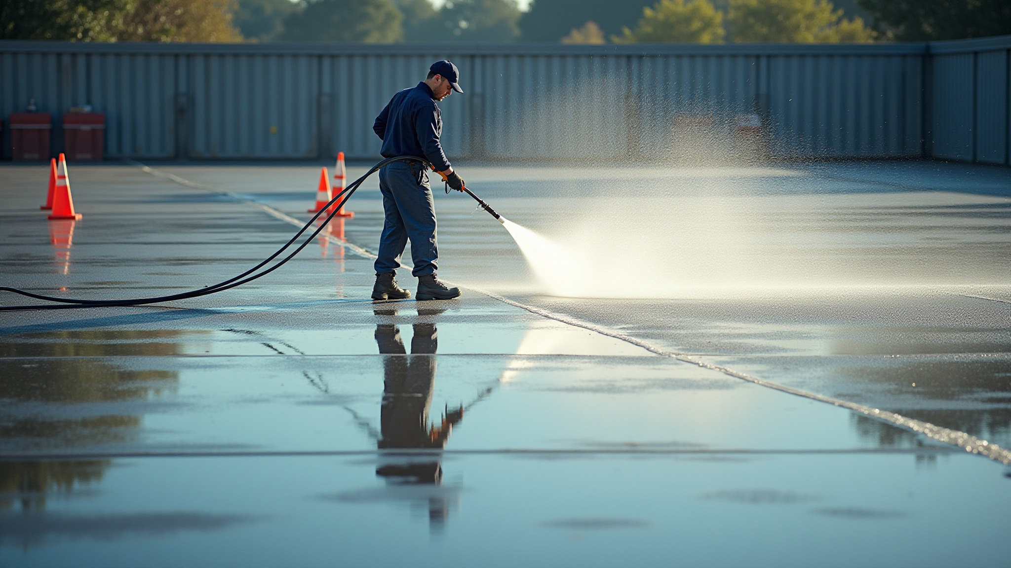 Man power washing a concrete surface; commercial cleaning solutions from Monson Services.