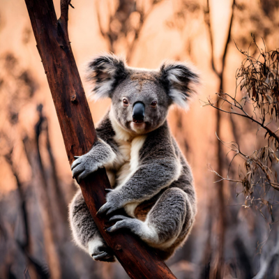 Koala mit durch Buschfeuer zerstörtem Lebensraum