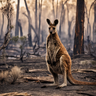 kangaroo with habitat devastated by bushfire