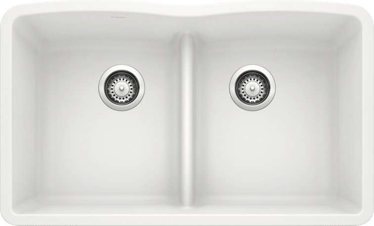 Thumbnail: White double kitchen sink shows two basins and two drain openings.