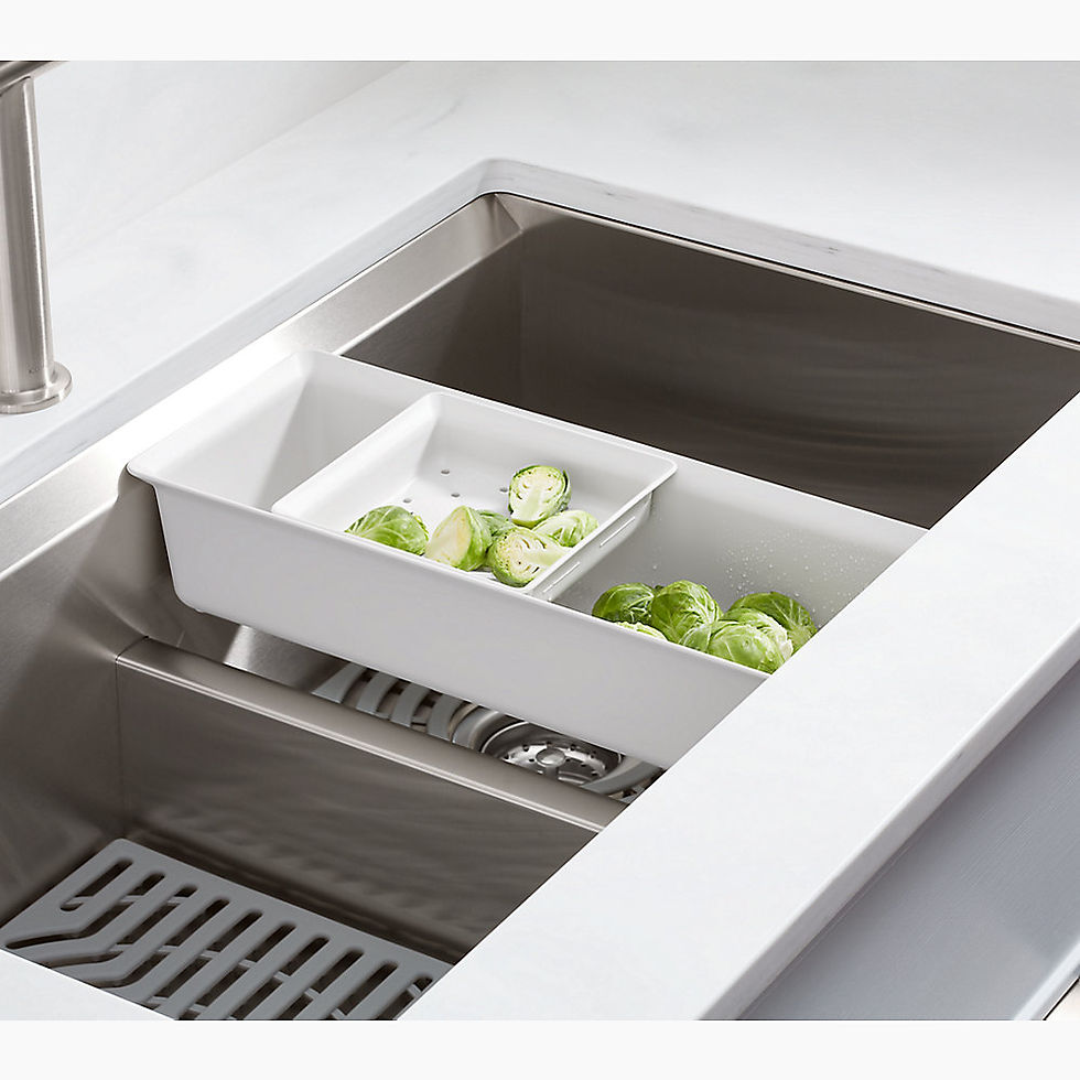 Thumbnail: Stainless steel sink with Task Smart Divide Kohler 80085-2PC-NA holding vegetables ready to be prepared.